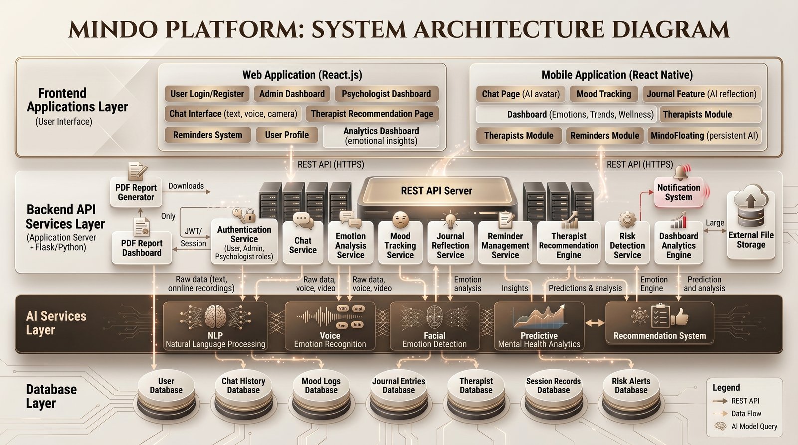 Mindo system architecture diagram showing client applications, AI services, machine learning models, backend APIs, and database interactions